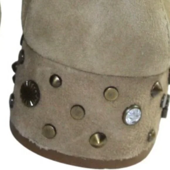 UGG Elise Tan Khaki Suede Penny Loafers Studded Heel Boho Chic Size 6.5 - Picture 9 of 11